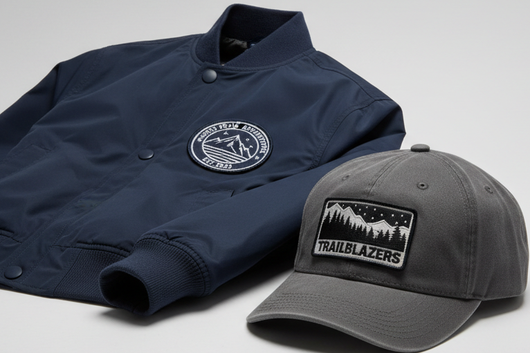 jacket and cap with patch on front