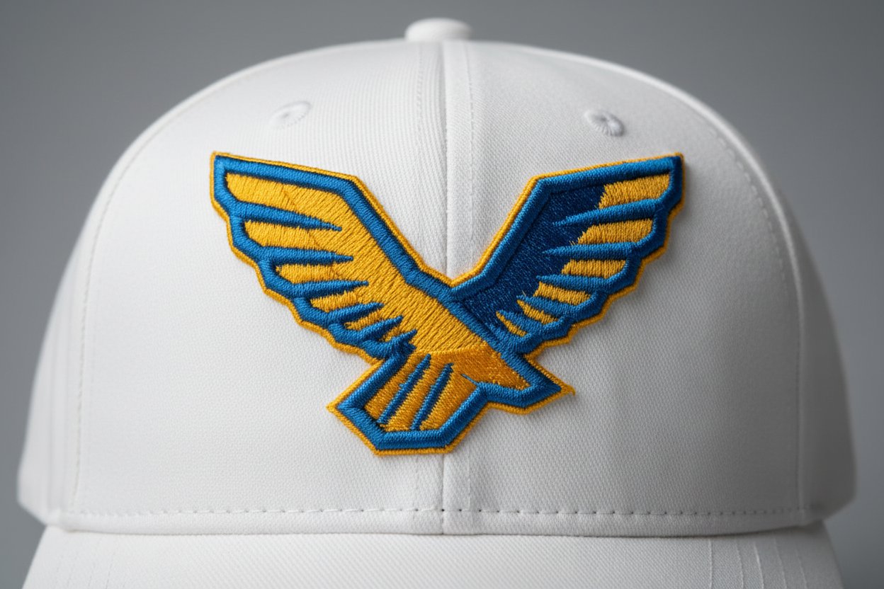puff embroidery on a white cap